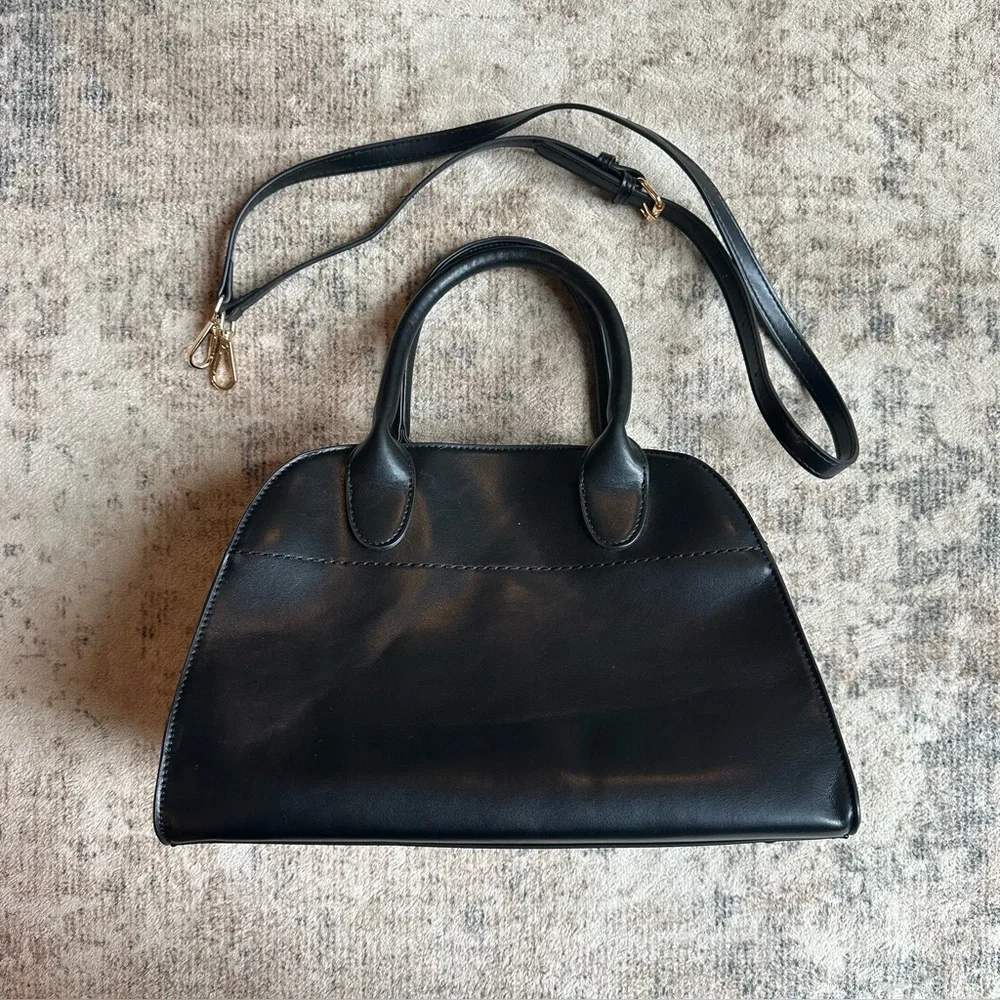 Black Structured Top Handle Tote Bag Crossbody Minimal Quiet‎ Luxury Style EUC